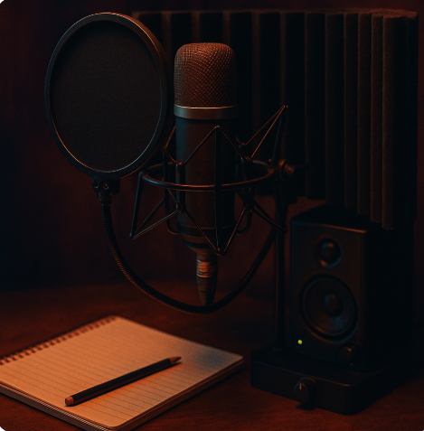 Microphone and notebook in a recording studio